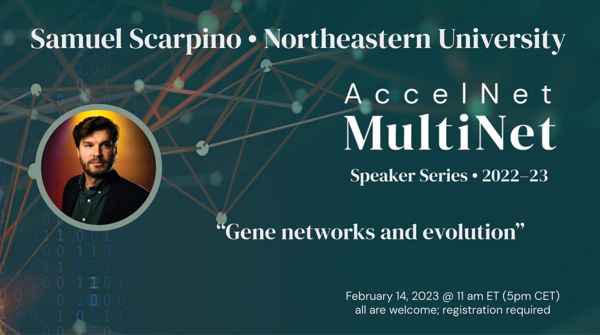 AccelNet-MultiNet (@multilayernets) on Twitter photo Join us Tues, Feb. 14, for a MultiNet talk by <a href="/svscarpino/">Sam Scarpino</a> (<a href="/Northeastern/">Northeastern U.</a>), "Gene networks and evolution." All are welcome. Abstract & registration: accelnet-multinet.org/talks/samuel-s… <a href="/IUNetSci/">IUNI</a> <a href="/NUnetsi/">Network Science Institute</a> Join us Tues, Feb. 14, for a MultiNet talk by <a href="/svscarpino/">Sam Scarpino</a> (<a href="/Northeastern/">Northeastern U.</a>), "Gene networks and evolution." All are welcome. Abstract & registration: accelnet-multinet.org/talks/samuel-s… <a href="/IUNetSci/">IUNI</a> <a href="/NUnetsi/">Network Science Institute</a>