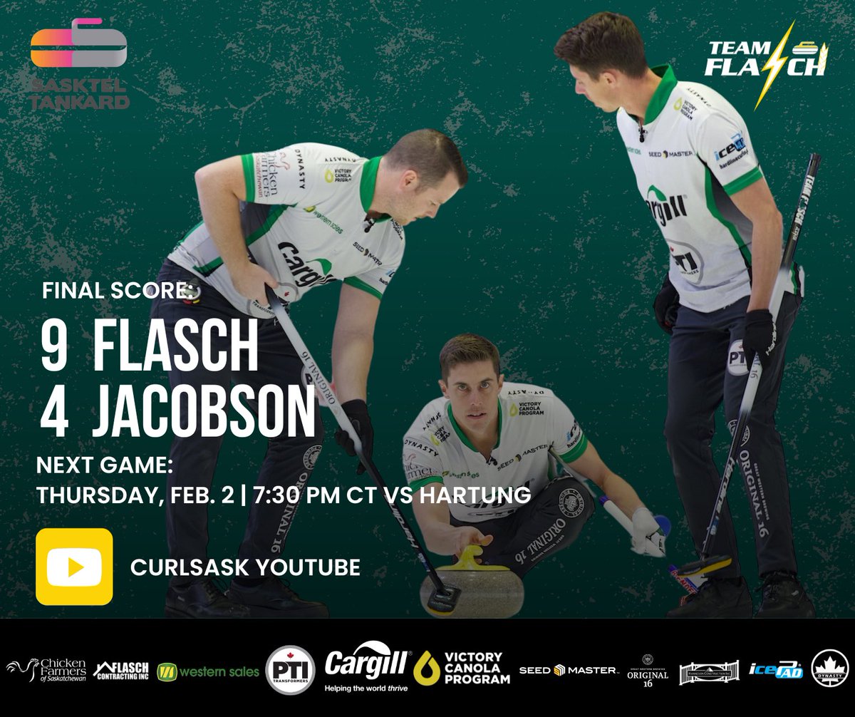 Phew! Tough start, but we battled hard to finish it off strong 👊🏻⚡️

NEXT GAME:
🗓️ Thursday, Feb. 2
⏰ 7:30 pm CT
🆚 <a href="/team_hartung/">Team Hartung</a> 
📺 <a href="/CURLSASK/">CURLSASK</a> YouTube
💻 curlsask.ca

#TeamFlasch ⚡️