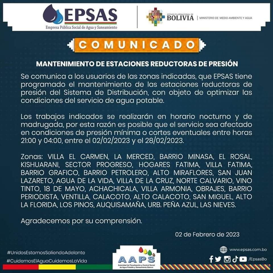 BrujulaNoticias's tweet image. #Sociedad| Debido al mantenimientos en estaciones de distribución, #EPSAS comunica que desde este jueves, hasta el 28 de febrero, cortarán el servicio por las noches en distintas zonas de #LaPaz.