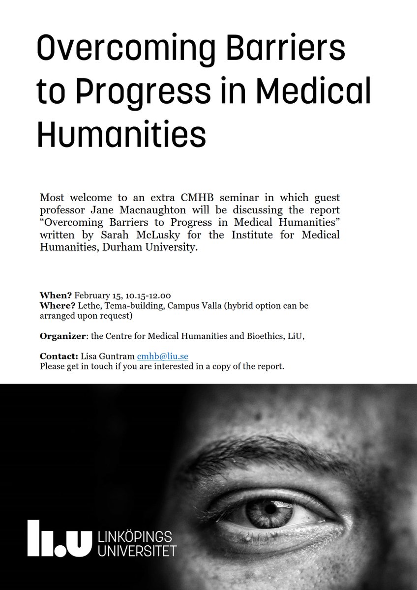 CMHB_LiU (@cmhbliu) on Twitter photo Most welcome to an extra CMHB seminar in which guest professor <a href="/RJMacnaughton/">Jane Macnaughton</a>, <a href="/DurhamImh/">Durham Institute for Medical Humanities</a> on the theme of “Overcoming Barriers to Progress in Medical Humanities”. Contact us at cmhb@liu.se for Zoom details. Most welcome to an extra CMHB seminar in which guest professor <a href="/RJMacnaughton/">Jane Macnaughton</a>, <a href="/DurhamImh/">Durham Institute for Medical Humanities</a> on the theme of “Overcoming Barriers to Progress in Medical Humanities”. Contact us at cmhb@liu.se for Zoom details.