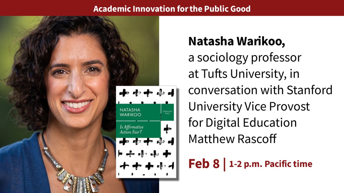 Join a conversation about my book on affirmative action next week, Wednesday 2/8 at 1 pm PST/4 pm EST. All welcome! @TuftsUniversity @SSNScholars @ASA_SoE @ASAnews