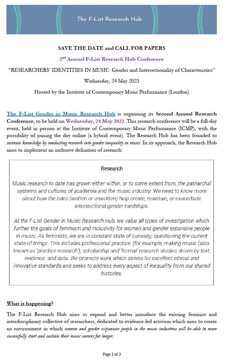 drmpWOLF's tweet photo. @theflistmusic Research Hub 2nd Annual Conference has received 🟢🟢🟢

Hosted by @ICMPLondon on Wed, 24 May '23, we will explore Researchers' Identities in Music: Gender and Intersectionality of Characteristics.

Join us => Call for Papers ⬇️⬇️⬇️

@vickbain @SophieDMusic https://t.co/aTMuUiYCIh