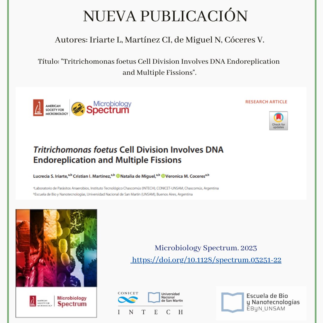 IntechChascomus's tweet image. #nuevapublicacion 
Iriarte L, Martínez CI, de Miguel N, Cóceres V. Tritrichomonas foetus Cell Division Involves DNA Endoreplication and Multiple Fissions. 
#Tritrichomonasfoetus  #celldivision #endoreplication 
#multiplefission  #fissionmultiple
@veronicacocere1 
@deMiguelN