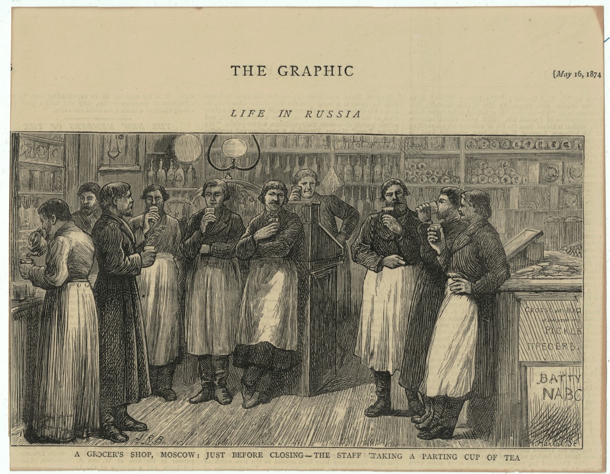 Tea Break - "A Grocer’s Shop, Moscow: Just before closing – the staff taking a parting cup of tea." #Tea #TeaBreak #1870s #Russia mrmaxeystea.com/life-in-russia/
