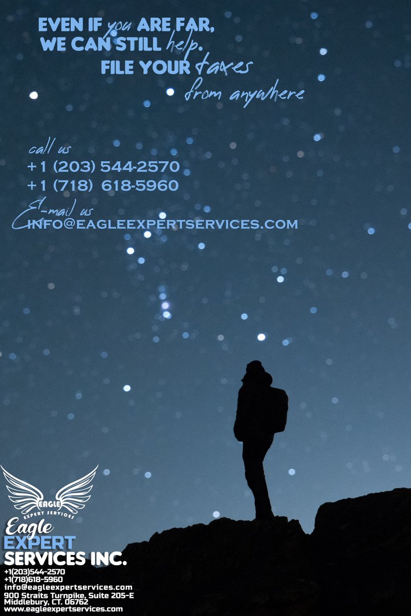 Eagleexpert's tweet photo. Eagle Expert Services 
Solution to All Your Tax &amp; Accounting Issues
📞 Call: +1 (203) 544-2570 +1 (718) 618-5960 (Mon-Fri).
📍 Address: 900 Straits Turnpike, Suite 205-E, Middlebury, CT 06762
📧 Email: info@eagleexpertservices.com
🌐 Website: https://t.co/ERlQbmy36X https://t.co/EyF4o3Ftsf
