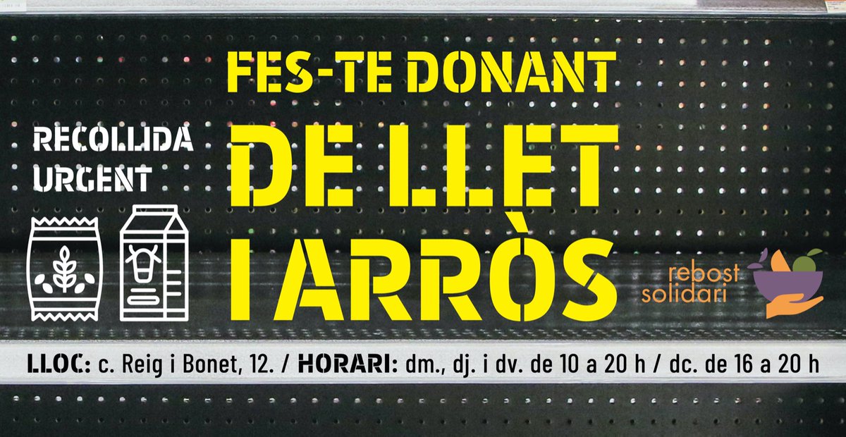 GraciaParticipa's tweet photo. ⚠️SOS URGENT
🤲🏼 FES-TE DONANT
del #RebostSolidariDeGràcia❗

👉🏼 El retard en rebre les subvencions fa que estiguem molt limitats per comprar alguns aliments bàsics que es poden acabar les properes setmanes

📣Cridem a fer una recollida urgent de
🍶LLET
🍚ARRÒS

❤️MOLTES GRÀCIES https://t.co/Uz8uiL3Acn