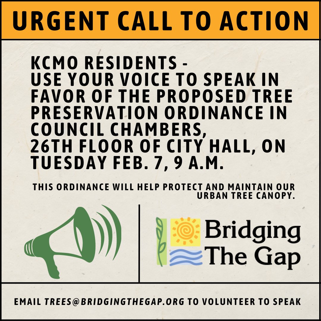Do you love trees? So do we! Let KCMO know by speaking next Tuesday at City Hall. Can't make it? No problem. Sharing this post also helps! For more information on this ordinance visit https://www.ow.ly/mbKr50MIfjz/de…