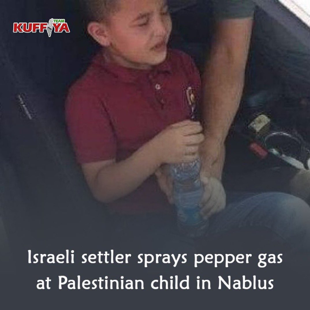swilkinsonbc's tweet photo. Little Palestinian boy pepper sprayed by an israeli in Nablus as he sat in his car: Faisal Suliaman was treated for eye burns | @Kuffiyateam https://t.co/5B4g6WPKg2