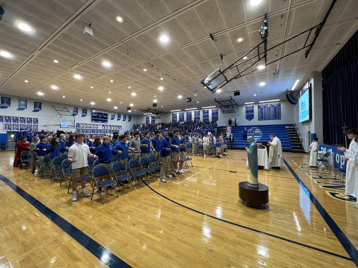 BishopChatardHS's tweet photo. The entire student body, faculty &amp; staff gathered together to celebrate our weekly all-school Mass. It was a perfect way to honor today’s #CSW23 theme, Celebrating Vocations. 
Today’s celebrant, Monsignor Tony Voltz ‘75, is one of the many BC alumni who have answered God’s call. https://t.co/GV17Rk9Xzl
