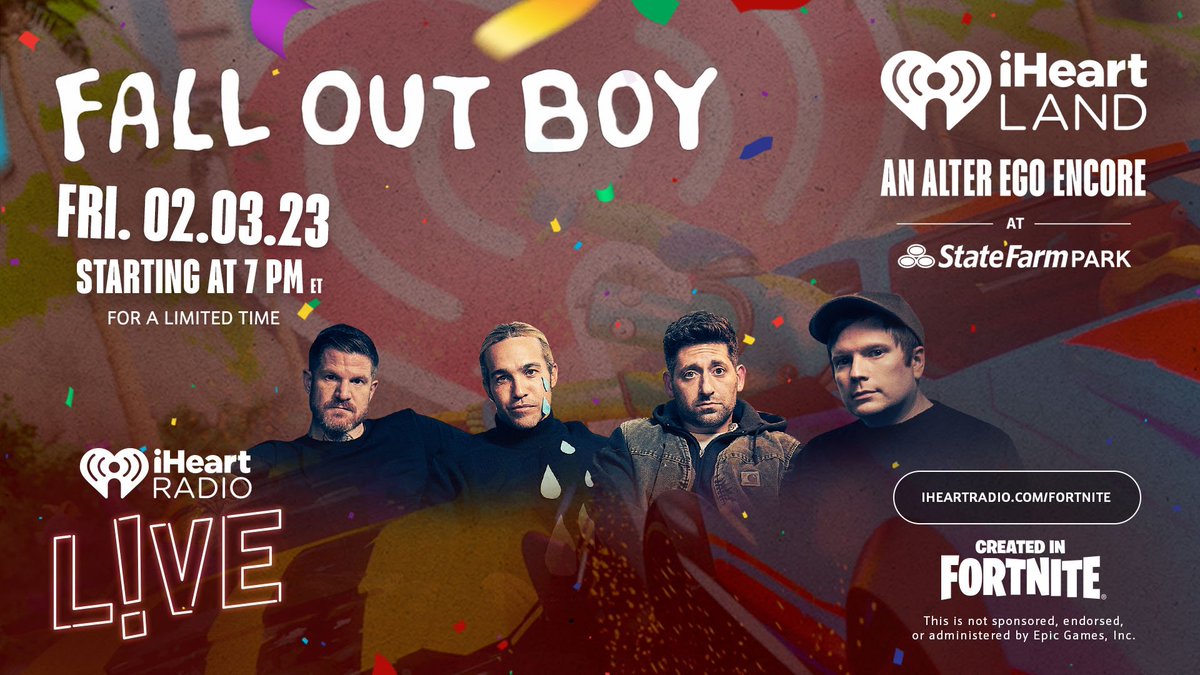 iHeartRadio's tweet photo. Save the date! For Our iHeartRadio LIVE with Fall Out Boy: An ALTer EGO Encore ๐ฅ #iHeartFallOutBoy
You can watch the show in #iHeartLand in @FortniteGame at @StateFarm Park on Feb. 3rd at 7pm ET
๐: https://t.co/2kEcBw11mB https://t.co/wiCVpCIbp4