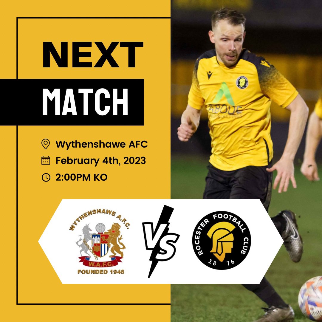 Not long until we’re back in action again! We are away at Wythenshawe on Saturday for a 2:00pm KO…
 
#RocesterAllOverTheWorld 🟡⚫️