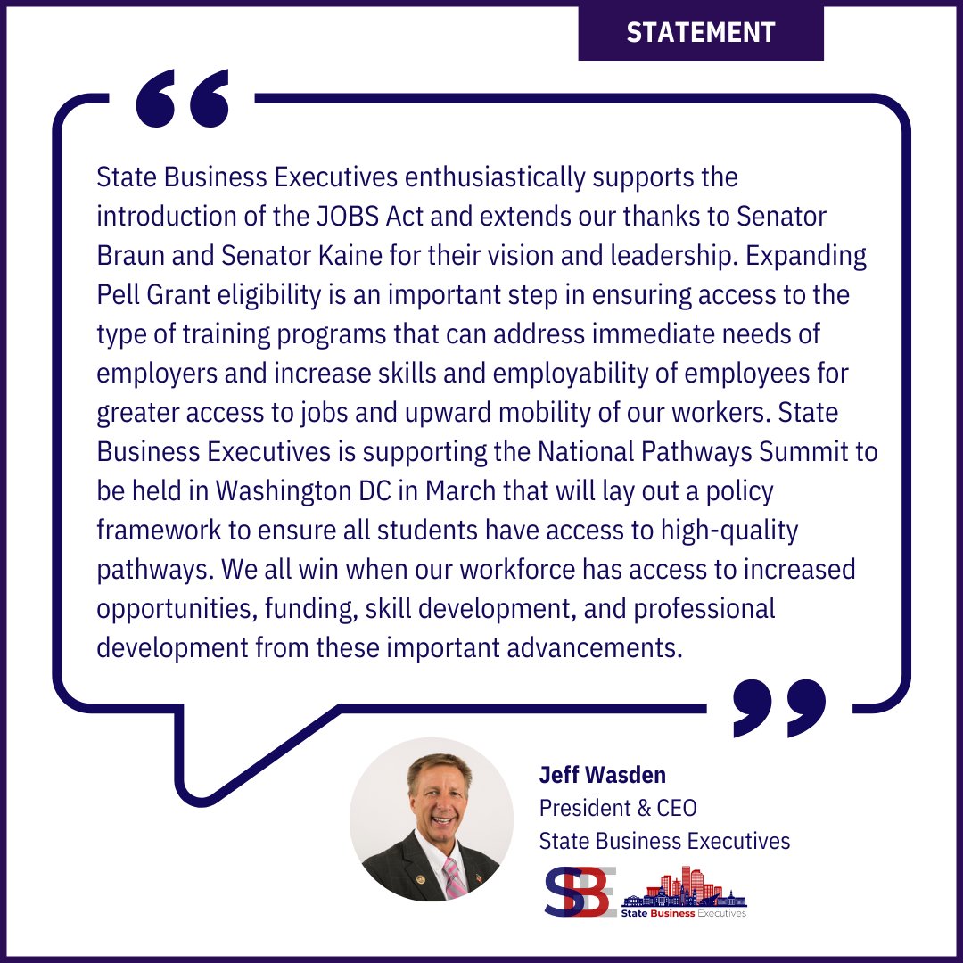 SBE President &amp; CEO @Jwasden released this statement today on the #JOBS Act introduction. SBE is also excited to support <a href="/NatlPathways/">National Pathways Initiative</a> and the National #Pathways Summit in DC March 16th. Visit nationalpathwaysinitiative.org to learn more on the Summit. #education #workforce
