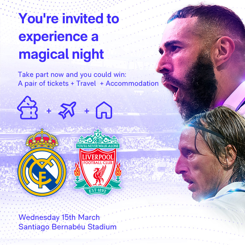 realmadrid's tweet photo. Win a pair of tickets, travel and accommodation for the Real Madrid vs Liverpool match by becoming part of the Madridista Community for free. Don't miss this chance!