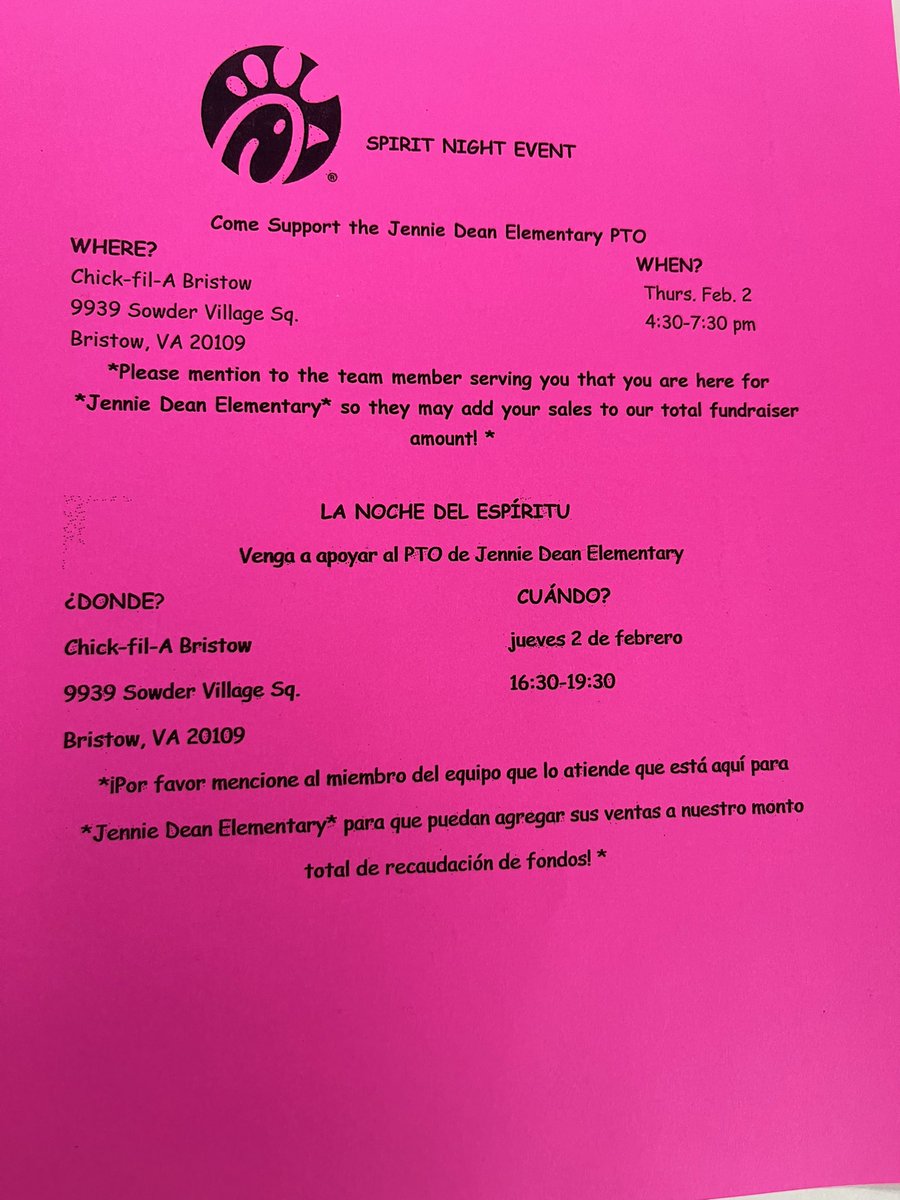 JDES_MCPS's tweet photo. Please join us tonight between 4:30-7:30 at the Sowder Village Square Chick-fil-A (by Target). 

Dine in or go through the drive thru, but you must say you’re there for the spirit night in order to help raise money for our PTO! 

We hope to see you there! #DeanDreamTeam https://t.co/aaaMUOtnfj