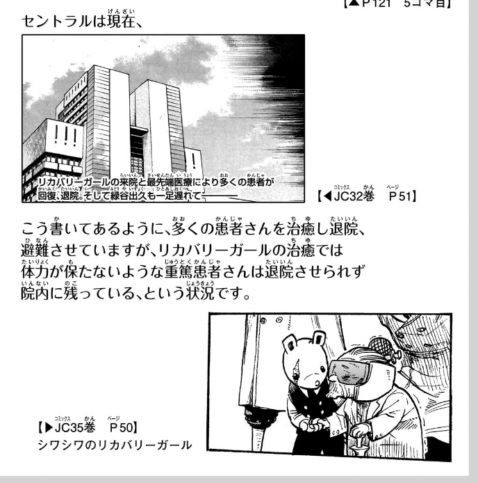 Recovery girl worked till the last minute to heal everyone so they could be evacuated. The people Shoji and co are defending now are the patients in the most critical condition, the ones not even Recovery Girl can help heal right away. That's why she looked so tired in vol. 35