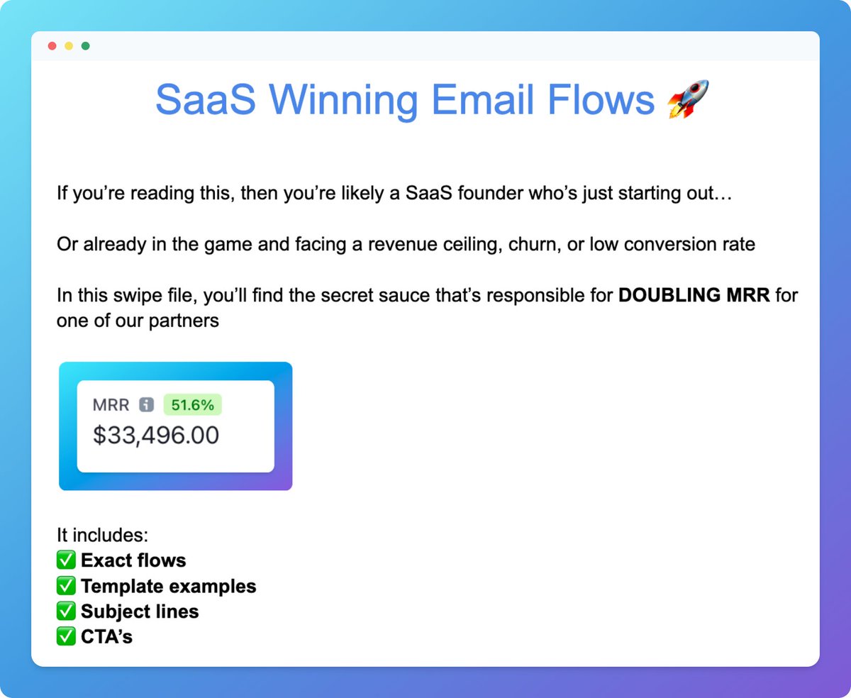 Over 92% of SaaS fail within 3 years

And the greatest challenge is acquiring &amp; retaining users

I've built a 16-page doc with email flows that can DOUBLE your MRR in days

RT + Reply "email" &amp; I’ll send it

(Must be following so I can DM)