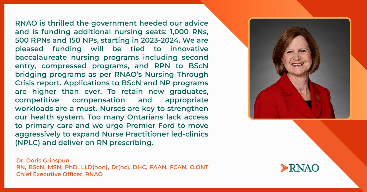 RNAO CEO <a href="/DorisGrinspun/">Dr. Doris Grinspun 🇨🇦 RN, PhD, FAAN, O.ONT</a> welcomes Ont's investment in nursing programs, as outlined in RNAO's #NursingThroughCrisis report, &amp; urges Premier <a href="/fordnation/">Doug Ford</a> to expand #NPLCs &amp; deliver on #RNprescribing.

"Nurses are key to strengthen our health system."
#onpoli

news.ontario.ca/en/release/100…