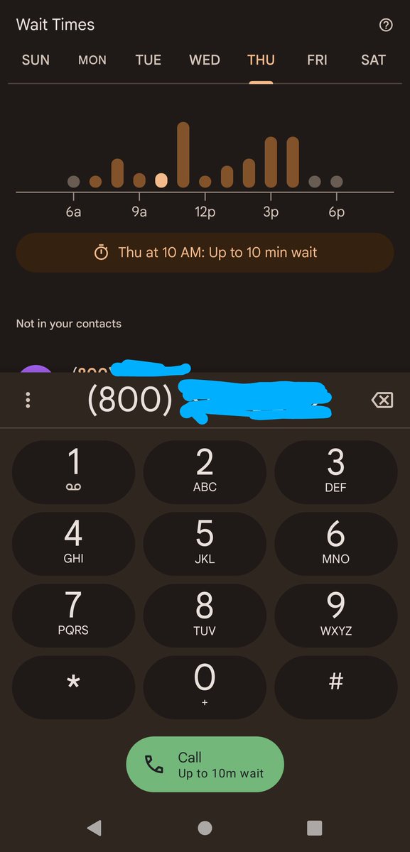 sunnyd_j's tweet image. Just typing a 800 number into my Google Pixel phone now gives current wait time as well as predictions for different time windows during the week. Combined with the "Hold for me" option, I don't dread calling automated phone systems as much 🙌