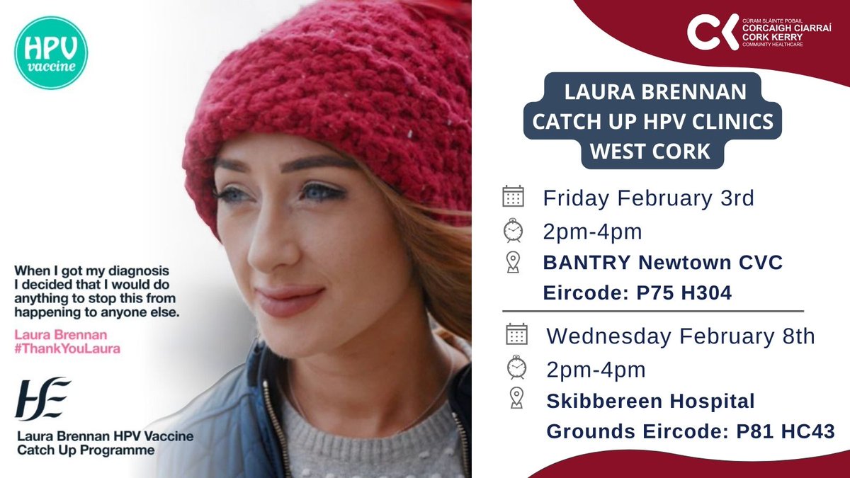 Mallow Primary Healthcare and Skibbereen Hospital  are hosting the Laura Brennan Catch up HPV vaccine clinics to those eligible on Wednesday 8th February. 
See times below ⬇️

Book an appointment on bit.ly/CKCH2023 
#ThankYouLaura <a href="/HSELive/">HSE Ireland</a>