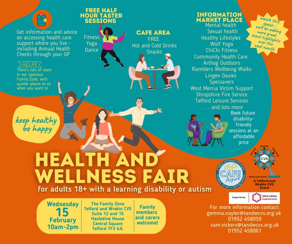 Do you have a Learning Disability or Autism or care for someone who does? 
Come to the “Health and Wellness Fair” on Wednesday, 15 February - anytime between 10am and 2pm at <a href="/TelfordCVS/">Telford & Wrekin CVS</a> , we are looking forward to welcoming you there!  
Find out more:
👇
orlo.uk/MUGcX
