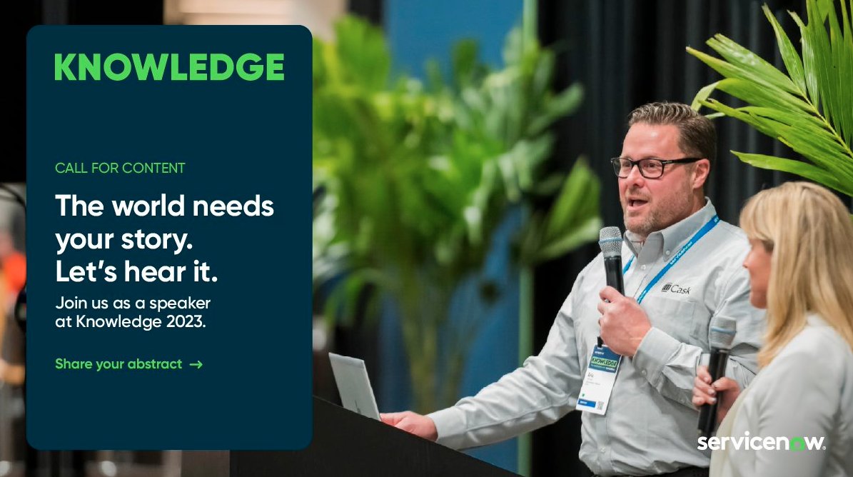 rickjtaylor's tweet photo. Calling all creative thinkers, problem solvers, and ServiceNow storytellers! Send us an abstract about your unique experiences and takeaways working with ServiceNow. Let your story inspire others in the ServiceNow community at Knowledge 2023. https://t.co/RoeHRLbDwU #Know23 https://t.co/U6w8pww9NB