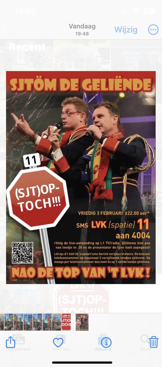 Mèt (Sjt)optoch!!! es Geliënde veur de 19e kièr in de finale van 't LVK! Sjteuns doe ós vriedigaovend tijdens de oetzending door op ós te sjtömme? Veer höbbe leedje nr. 11. Alvas bedank! ❤️💛💚