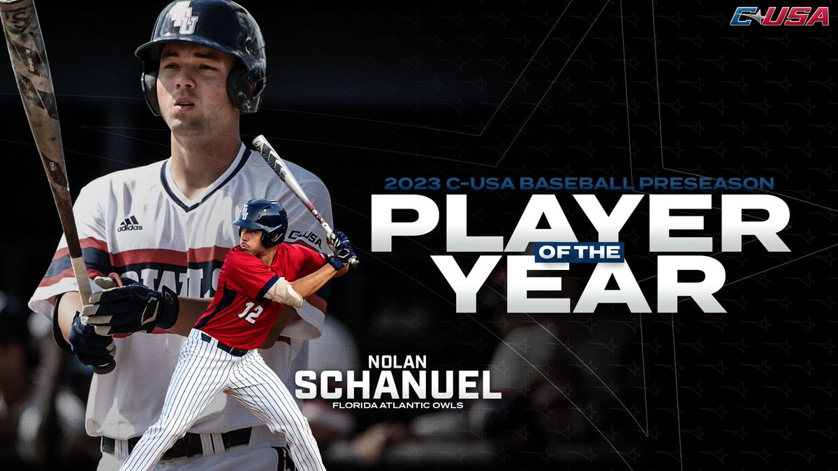 Conference USA (@conferenceusa) on Twitter photo 𝟮𝟬𝟮𝟯 𝗣𝗿𝗲𝘀𝗲𝗮𝘀𝗼𝗻 𝗣𝗹𝗮𝘆𝗲𝗿 𝗼𝗳 𝘁𝗵𝗲 𝗬𝗲𝗮𝗿
Nolan Schanuel (<a href="/NSchanuel/">Nolan Schanuel</a>), <a href="/FAUBaseball/">Florida Atlantic Baseball</a>
#CUSABASE ⚾️ | bit.ly/3JCk9K4 𝟮𝟬𝟮𝟯 𝗣𝗿𝗲𝘀𝗲𝗮𝘀𝗼𝗻 𝗣𝗹𝗮𝘆𝗲𝗿 𝗼𝗳 𝘁𝗵𝗲 𝗬𝗲𝗮𝗿
Nolan Schanuel (<a href="/NSchanuel/">Nolan Schanuel</a>), <a href="/FAUBaseball/">Florida Atlantic Baseball</a>
#CUSABASE ⚾️ | bit.ly/3JCk9K4