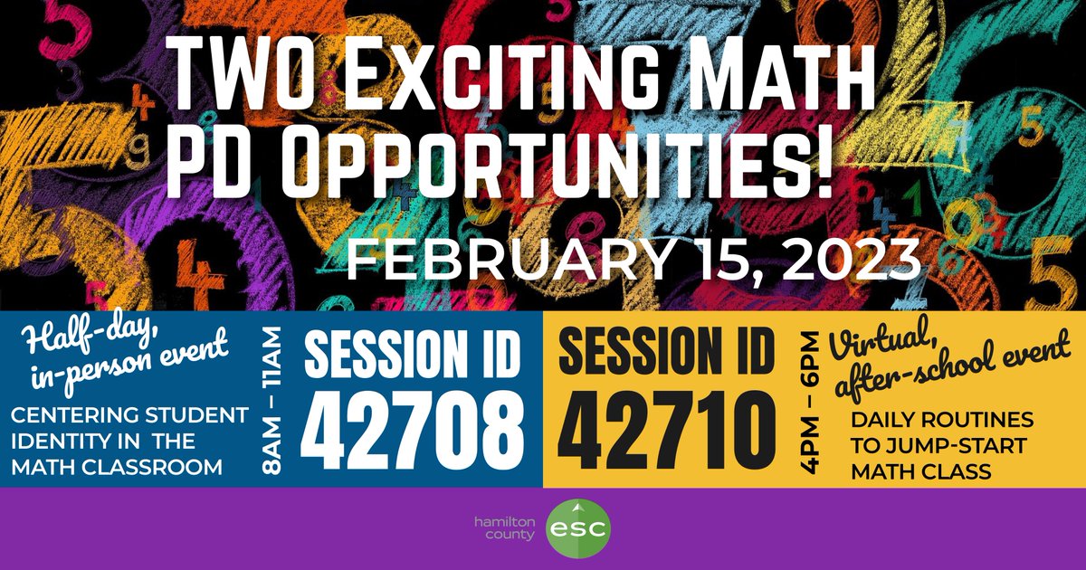Two opportunities to learn alongside some of my amazing <a href="/HamiltonCoESC/">HCESC</a> colleagues- one is a virtual after-school event and one is a half-day in person event.  Let me know if you have any questions!  Search for each session at hcesc.org/PD for more info