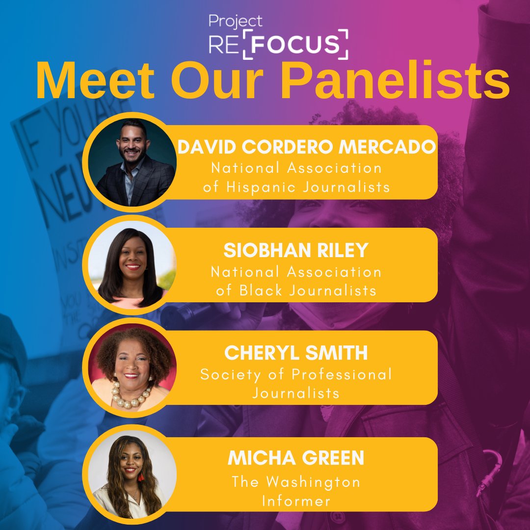 ProjectRefocus_'s tweet photo. We can't thank our award-winning and dynamic panelists enough for their insightful contributions to today's conversation! @David_cmercado @SiobhanRileyTV, @penonfire @MichaPGreen #healthcommunication #REFOCUSmedia #BlackPress #LatinoPress #NABJ #NAHJ #alternativemedia https://t.co/xQmc4WxnPY