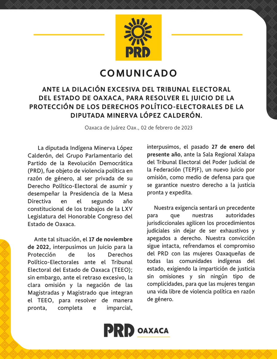 Ante la dilación excesiva del Tribunal Electoral del Estado de #Oaxaca para resolver el juicio para la protección de los derechos político electorales de la diputada indígena Minerva L. López Calderón