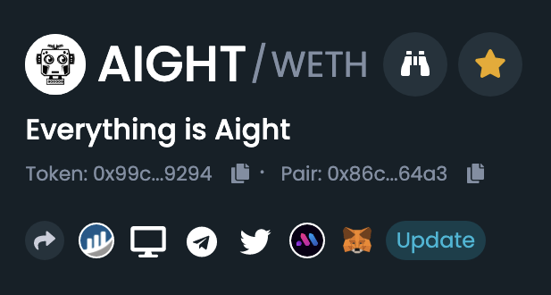 Aight_Token's tweet photo. AI Robot face looks AIGHT on DEXTools socials update. Moving on to the next project tasks!
CHART: https://t.co/INPxTqkiPt
#AIGHT #YouAight #WeAight https://t.co/v8P92CGCfJ