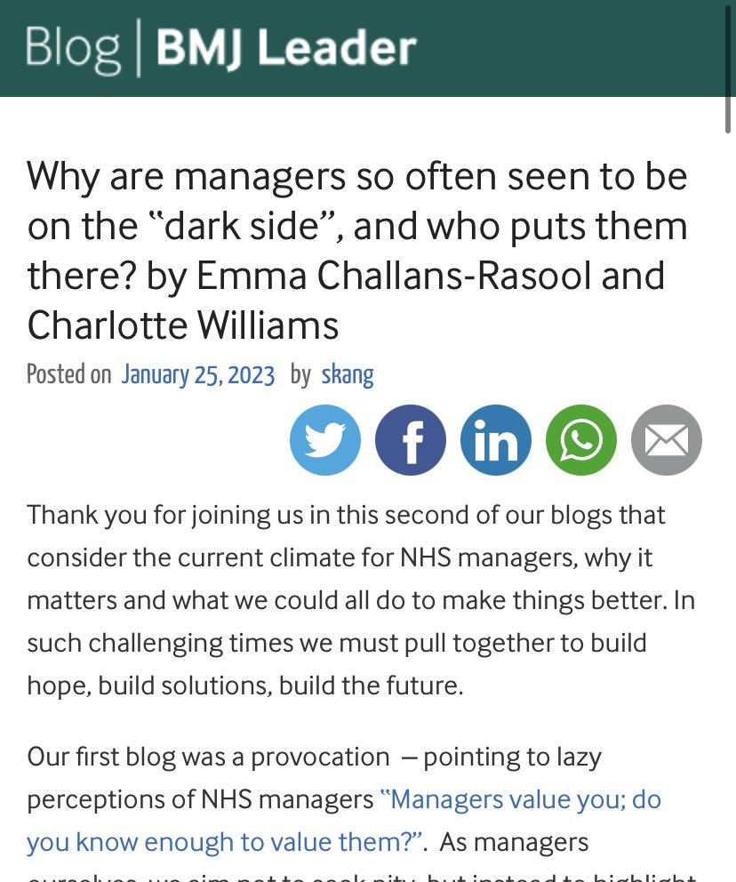 Charlotte Williams (also on Bluesky) (@cemwilliams) on Twitter photo Do read <a href="/BMJLeader/">BMJ Leader</a>; hereās 2nd blog from me & <a href="/emmachallans/">Emma Challans-Rasool š§”š (she/her)</a> on NHS management āIt is true that everyone in the NHS is facing challengesā¦.letās not assume managers donāt stand front and centreā¦or that they hide in the shadows, serving a different master.ā go.shr.lc/408H05U Do read <a href="/BMJLeader/">BMJ Leader</a>; hereās 2nd blog from me & <a href="/emmachallans/">Emma Challans-Rasool š§”š (she/her)</a> on NHS management āIt is true that everyone in the NHS is facing challengesā¦.letās not assume managers donāt stand front and centreā¦or that they hide in the shadows, serving a different master.ā go.shr.lc/408H05U