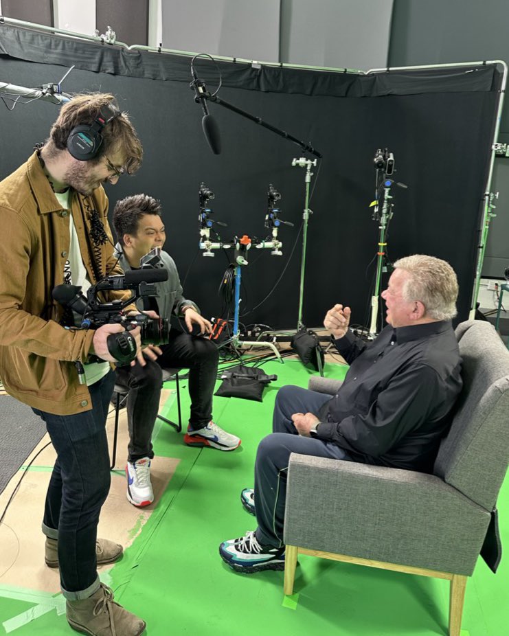 StoryFile's tweet image. Sneak peek of what’s coming on to @BBCClick soon. Can’t wait to share more. Stay tuned! #StoryFile #ConversationalVideo #BTS #WilliamShatner #Interview @WilliamShatner @NICKKWEK
