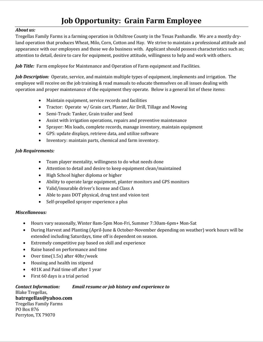 batregellas's tweet image. WE ARE HIRING
RT-appreciated
 #TFF we have a job opening, General farm employee, prior sprayer/application experience a big plus. Pay based on experience but extremely competitive on pay/benefits send Resume/history batregellas@yahoo.com 
 #hiringnow #txag #farming #agricultural