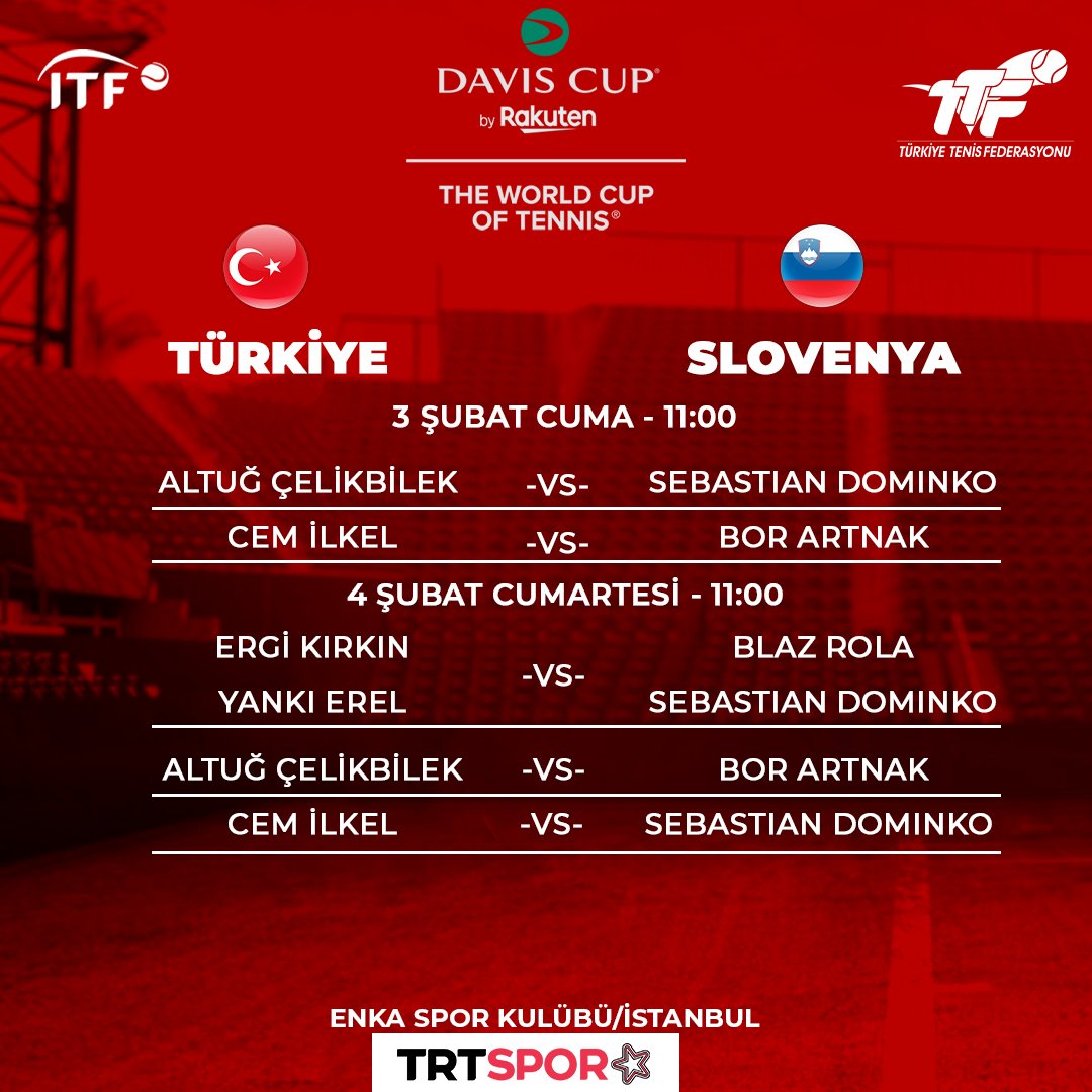 3-4 Şubat'ta @EnkaSpor'da gerçekleşecek #DavisCup 🇹🇷 Türkiye-Slovenya 🇸🇮 World Group I Play-Off karşılaşmaları @trtsporyildiz ekranlarından canlı yayınlanacak. #TURSLO #takımruhubizdevar 💪🏼 Maç programı ⬇️