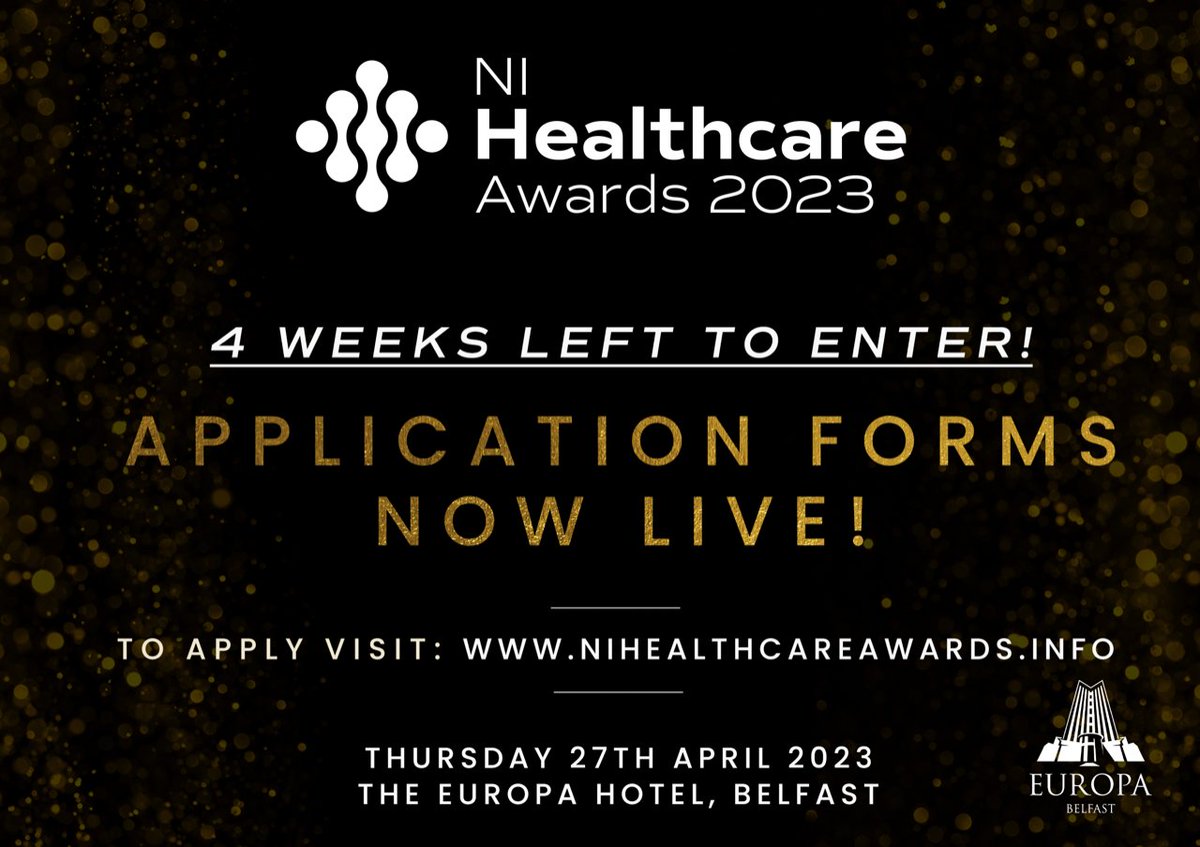 Just 4 weeks until the entry period for this year's NI Healthcare Awards will close! Don't miss out!
All entry forms are available at nihealthcareawards.info
@BelfastTrust @setrust
@SouthernHSCT @NHSCTrust
@WesternHSCTrust