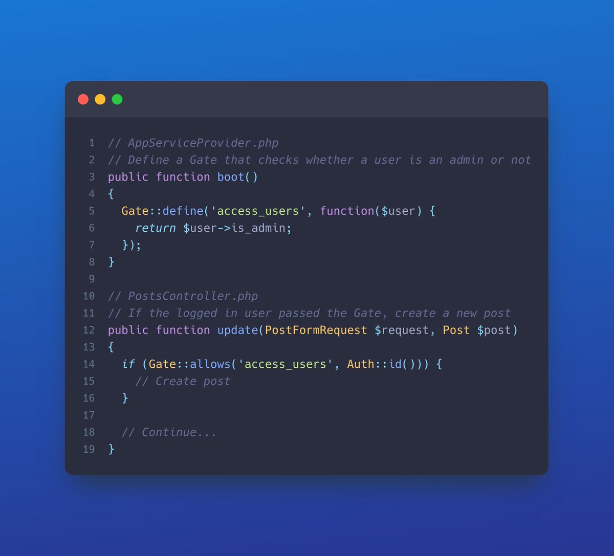 codewithdary's tweet image. Have you ever needed to authorize certain actions for users with a specific role? Laravel offers Gates, which is a closure-based approach to authorize users. #laraveltips