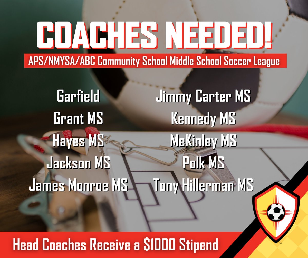 nmysa's tweet photo. We are in need of coaches for the APS/NMYSA/ABC Community and Middle School Soccer League.  We have 10 middle schools in need of coaches.  HEAD COACHES RECEIVE A $1000 STIPEND!! Please contact NMYSA at office@nmysa.net or nmsoccer@nmysa.net if you are interested.  #NMYSA https://t.co/9Qe06dmIIQ
