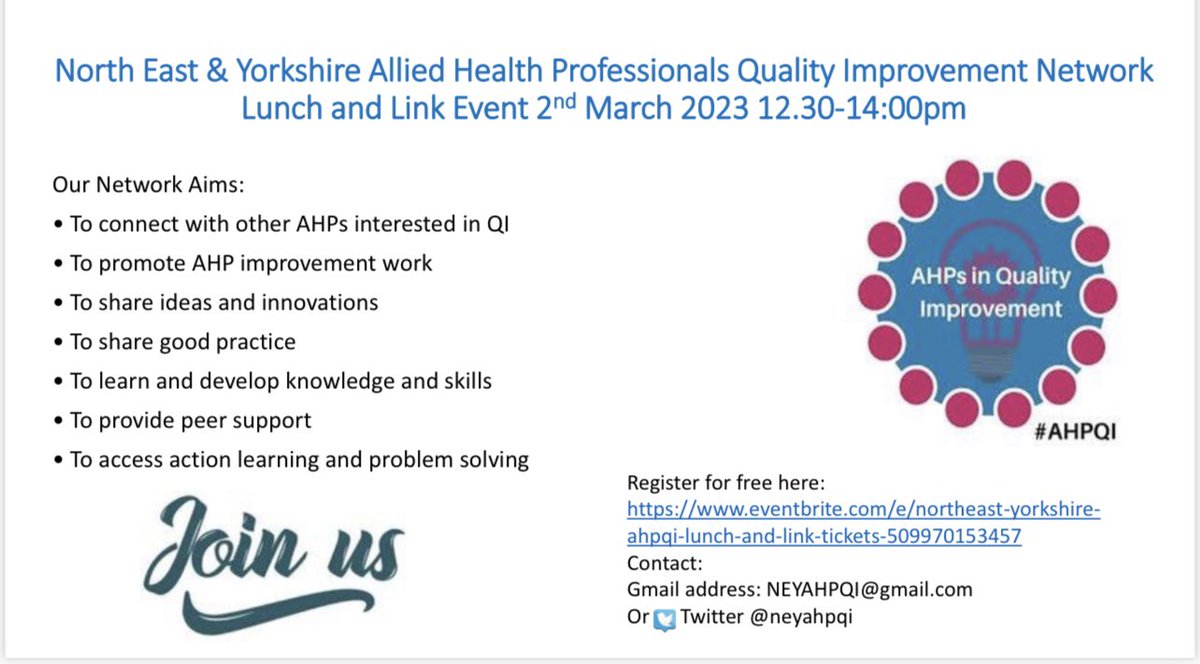 North East & Yorkshire AHPQI network Lunch & Learn Event 

2nd March 12:30-14:00

Use the link to Register for FREE 

Come and Join us 
Please share 

#AHPQI 
#neyahpqi 

gbr01.safelinks.protection.outlook.com/?url=https%3A%…