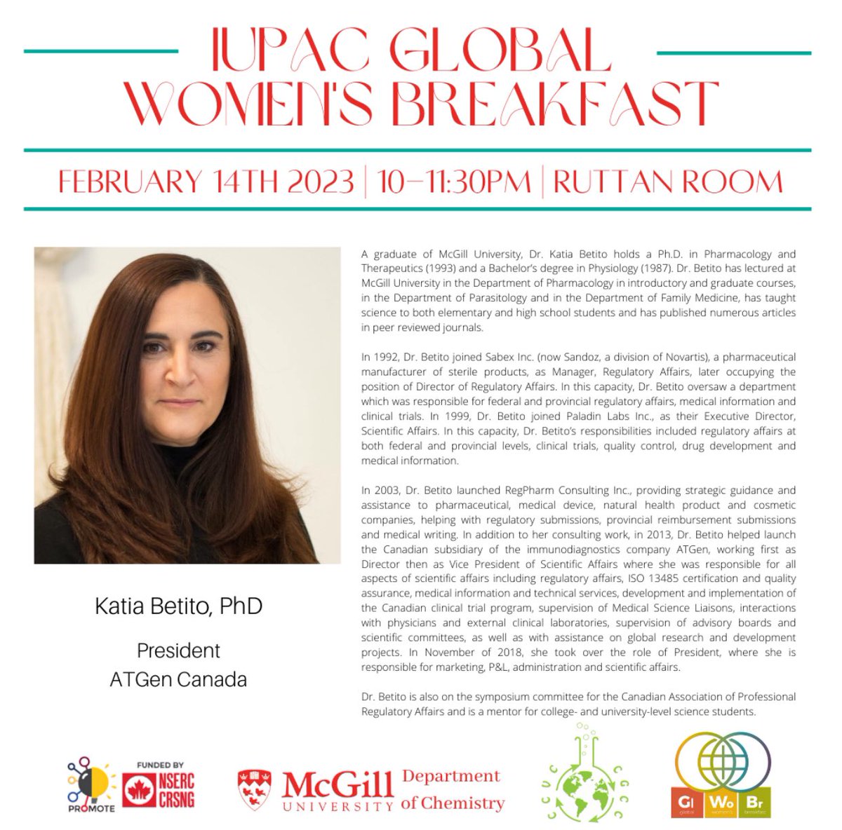 McGill CGSS (@mcgillcgss) on Twitter photo 👋 Dr. Betito - a McGill alumni - will be one of four panelists this year at the <a href="/IUPAC/">IUPAC</a> #GWB2023 We’re excited to hear about her extensive experience in academia, the pharmaceutical industry and running her company 💫 <a href="/McGillChemistry/">McGill Chemistry</a> <a href="/NSERC_PROMOTE/">NSERC CREATE PROMOTE Program</a> <a href="/McGillScience/">McGill Science</a> 👋 Dr. Betito - a McGill alumni - will be one of four panelists this year at the <a href="/IUPAC/">IUPAC</a> #GWB2023 We’re excited to hear about her extensive experience in academia, the pharmaceutical industry and running her company 💫 <a href="/McGillChemistry/">McGill Chemistry</a> <a href="/NSERC_PROMOTE/">NSERC CREATE PROMOTE Program</a> <a href="/McGillScience/">McGill Science</a>