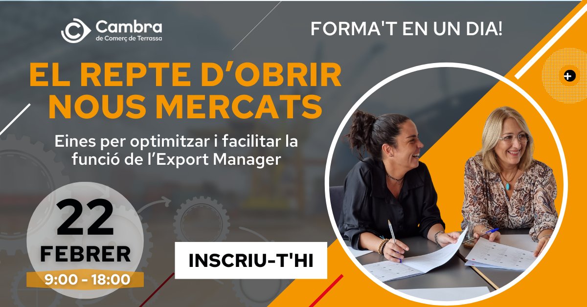 CambraTerrassa's tweet image. 🎓Formació en #ComerçInternacional - EL REPTE D&apos;OBRIR NOUS MERCATS.

🛫Eines clau per seleccionar els mercats d&apos;exportació més adients pel teu negoci
🌍Estratègies d&apos;entrada sòlida a cada mercat
🧭Per optimitzar i facilitar la funció de l&apos;#ExportManager

👉🏽bit.ly/3MawLqO