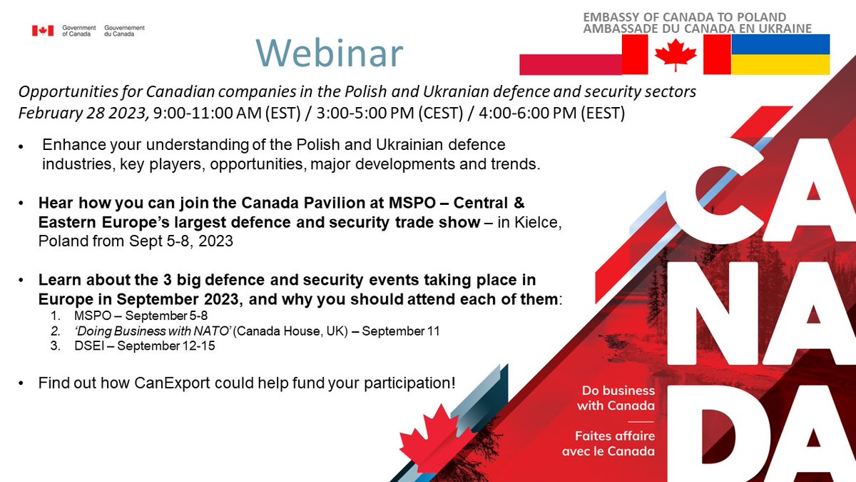 jallan44's tweet photo. Join @CanadaPoland and @CanEmbUkraine Feb 28 for a webinar on the Polish and Ukrainian defence and security sectors!/Participez à notre webinaire @CanadaPologne  @AmbCanUkraine sur les secteurs de la défense et de la sécurité en Pologne et en Ukraine. ⬇️
https://t.co/AkHEcb7nGx https://t.co/DZkHICL65u