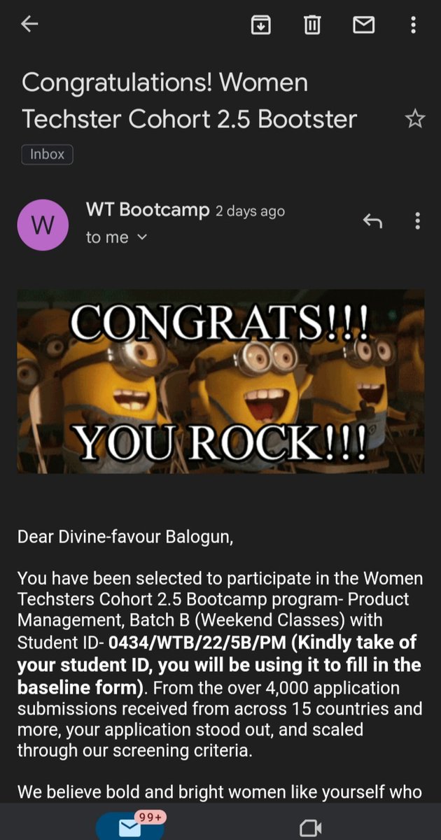 Congratulations to me.
I've been selected to be a part of the Women Techsters Bootcamp program Cohort2.5🥳
 #WTBootcampCohort2.5