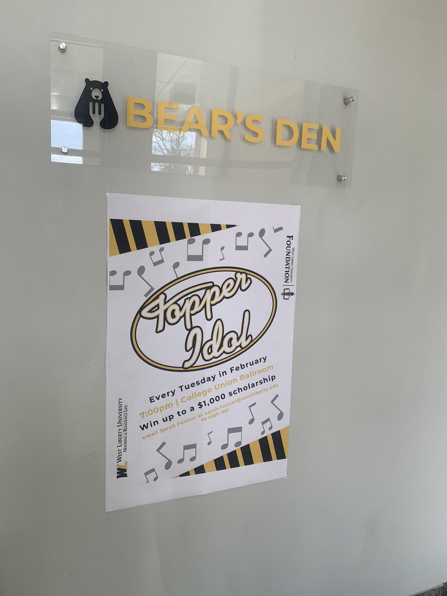 WLUResLife's tweet image. The Bear’s Den 🐻 has one cool poster! Topper Idol starts next Tuesday! 7:00PM in the Union see you there! 🎤🎙