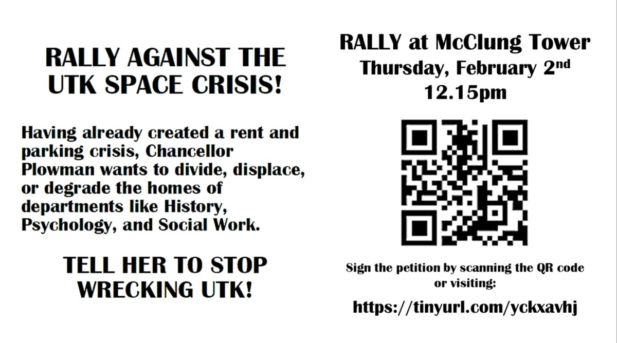 HAPPENING TODAY! RAIN OR SHINE! 🌞🌧️☂️ Meet us at McClung Tower at 12:15 to show your solidarity and talk about the effects of UTK's self-imposed space crisis on students, staff, and faculty.
