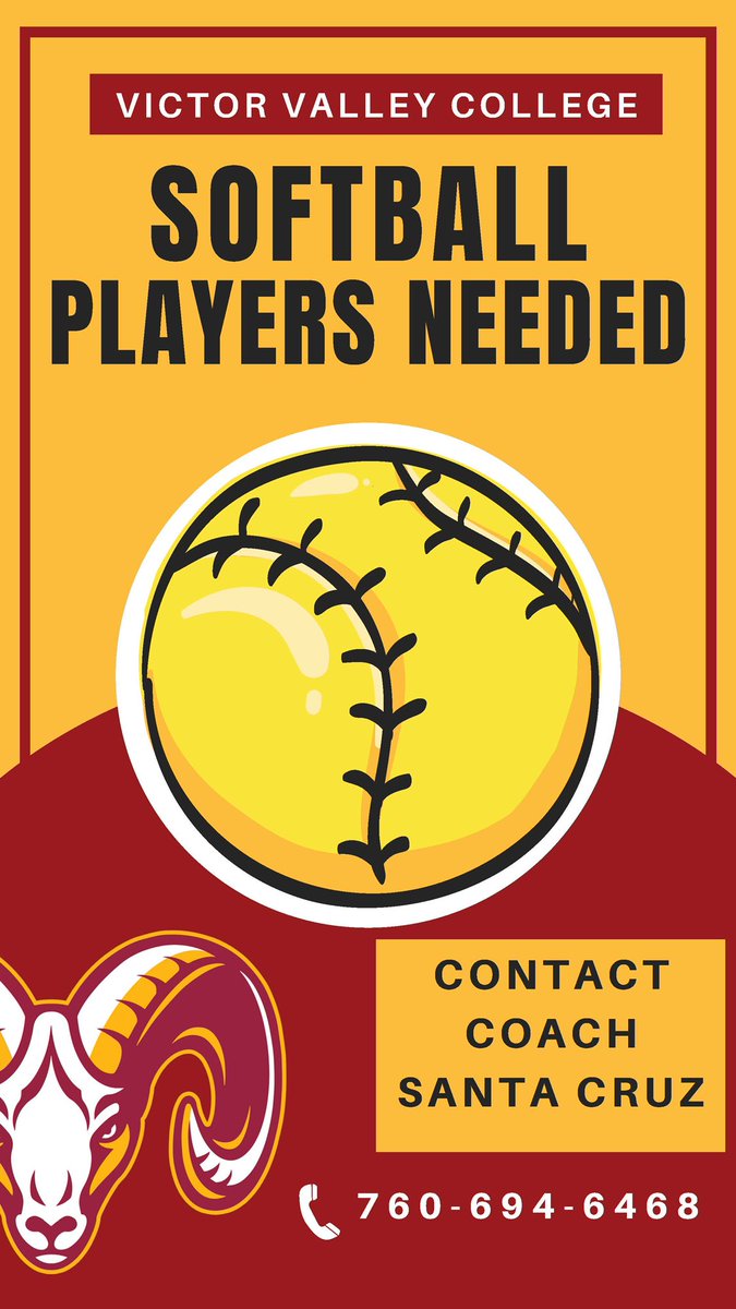 VVCASB's tweet photo. Looking for a few good student athletes

VVC Women’s Softball
Coach Santa Cruz
(760) 694-6468 https://t.co/6GAMZULKL7