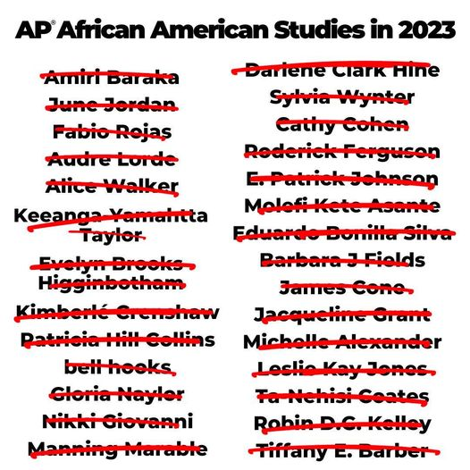 The @CollegeBoard deleted from the  curriculum of their AP #AfricanAmericanStudies course many authors who opened my mind: #AudreLorde, #JuneJordan, #AliceWalker, #NikkiGiovanni, #KimberlyCrenshaw (@sandylocks) #bellhooks, & more.

A very bad way to begin #blackhistorymonth2023