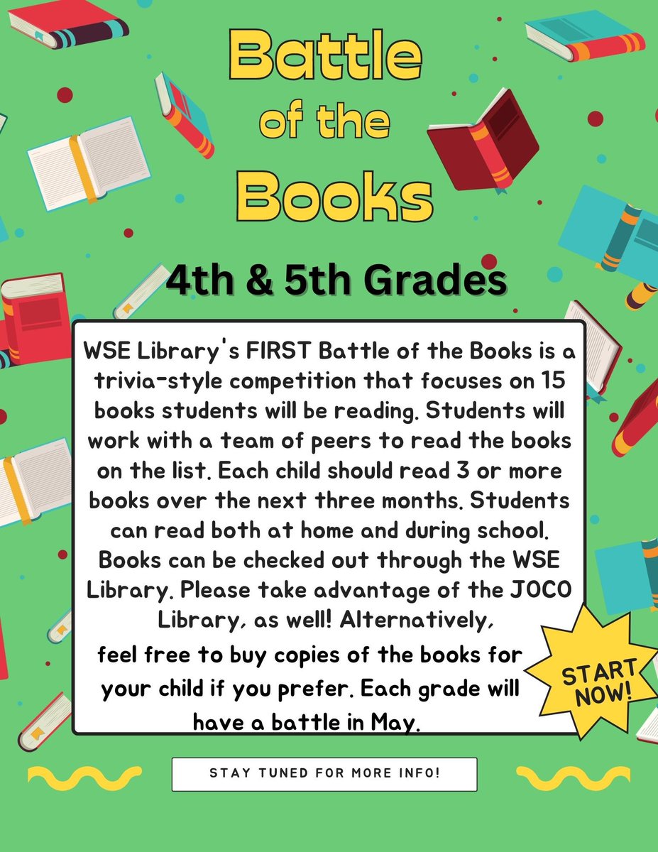 Battle of the Books starts now! Check classroom newsletters for details. <a href="/WSELibrary/">Wolf Springs Library</a>