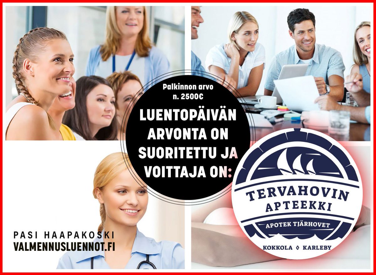 Luentopaketin arvonta on päättynyt!
Arpaonni suosi tällä kertaa TERVAHOVIN APTEEKKIA, Kokkolasta! Paljon onnea! Kiitämme teitä kaikkia, jotka osallistuitte arvontaamme! 
T: valmennusluennot.fi

 #tyky #rohkeus #apteekki #apteekkari #asiakaspalvelu #yrittäjä