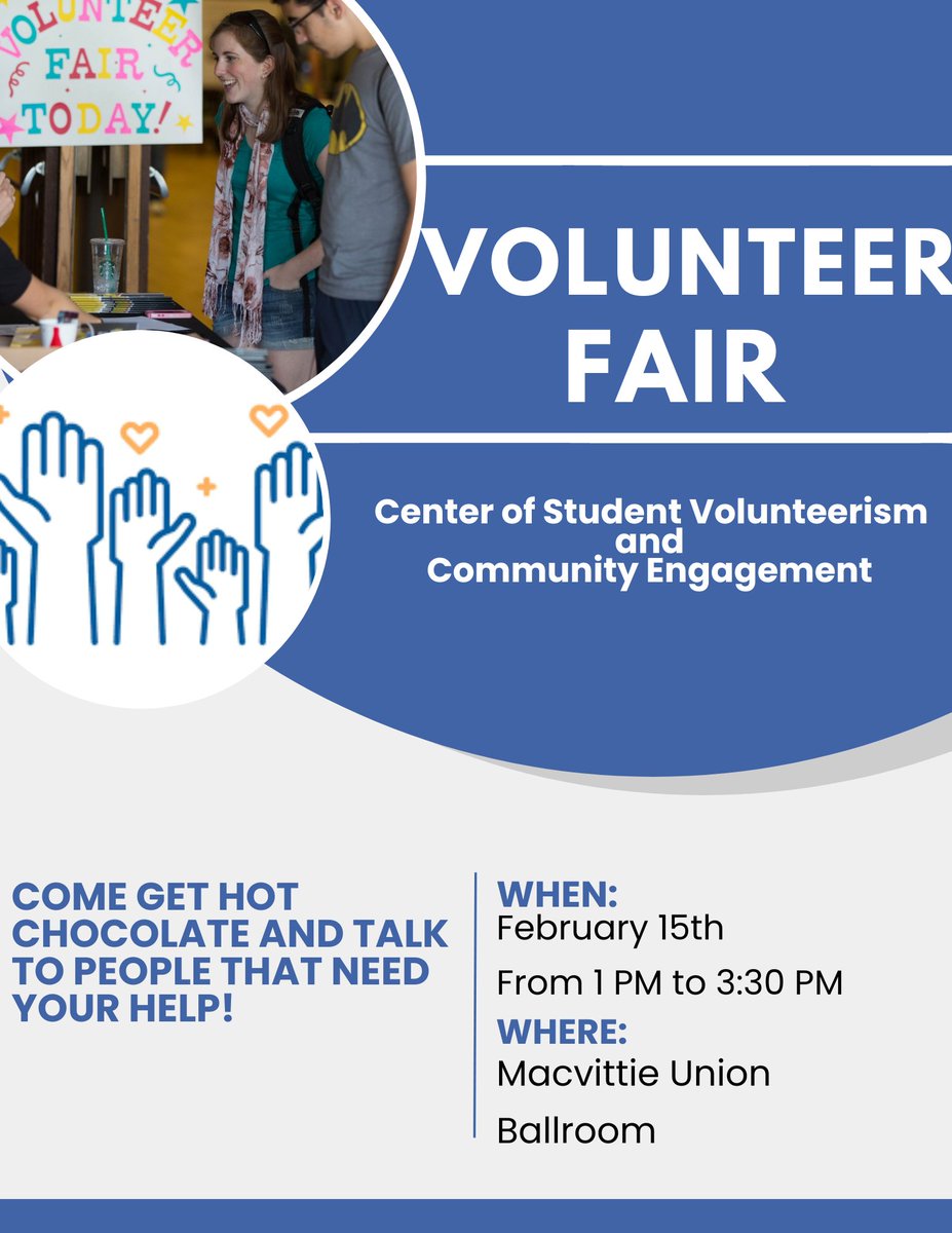 GeneseoVC's tweet image. Hello Geneseo!
It's almost time for the Volunteer Fair!
Please consider stopping by the MacVittie Union Ballroom to grab a hot chocolate and talk to those who need your help!
We look forward to seeing you!